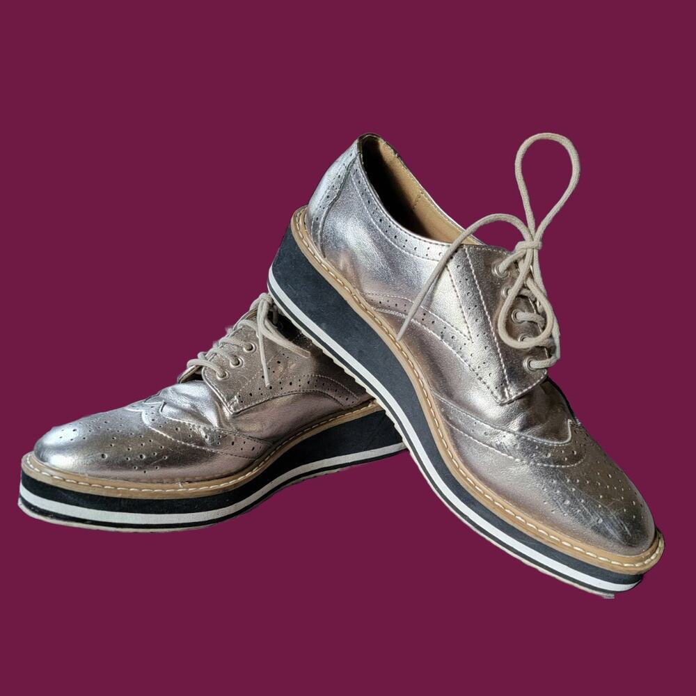 Platinum Faux Leather Wingtip Wedge Platform Shoes by SODA, Size 8